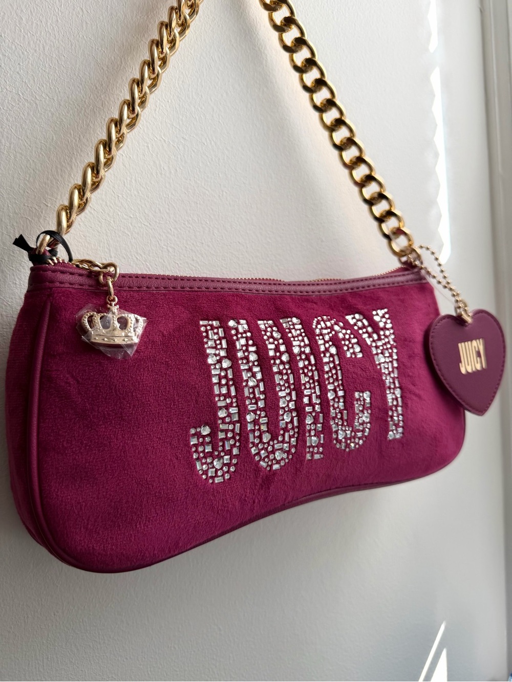 NWT Juicy Couture Shine Bright Velour Shoulder Bag Plum Berry Gold Chain